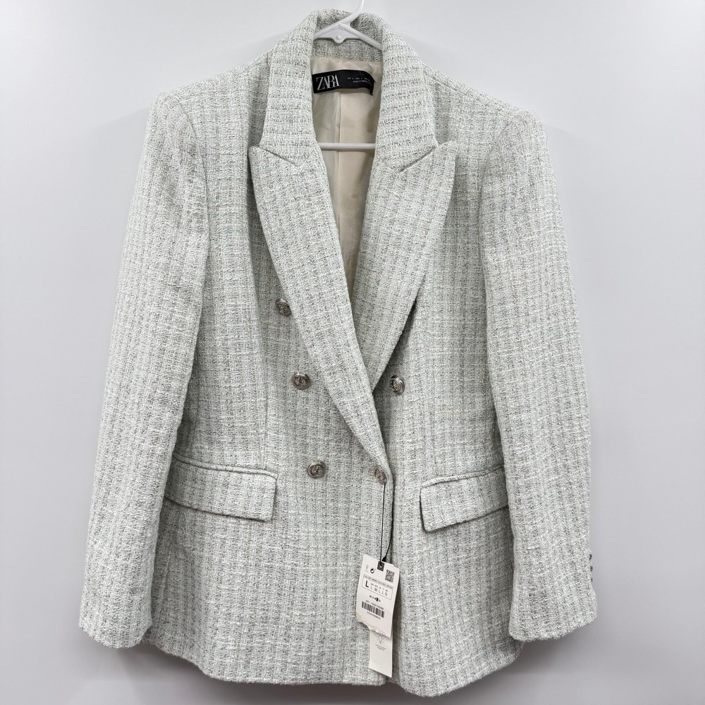 ZARA NWT Tweed Double Breasted Blazer Size L - Light Mint Oatmeal Boucle